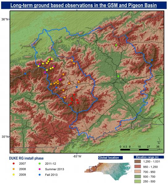 Rain gauge locations for the IPHEx field campaign (Image source: https://iphex.pratt.duke.edu/long-termRGDuke)